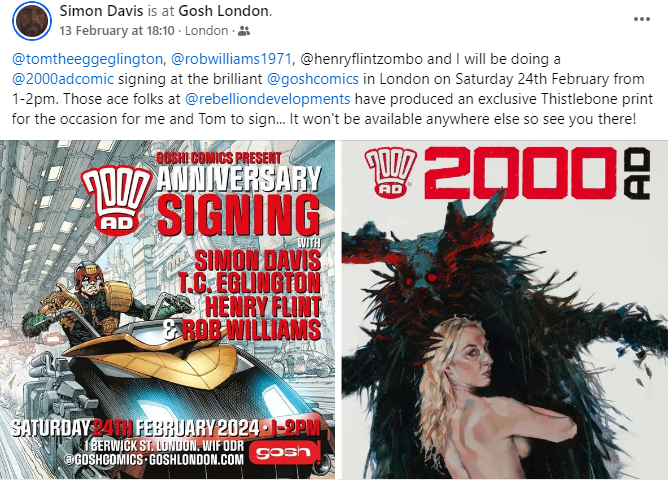 2000adSouthern's tweet image. Don't forget the 2000 AD signing tomorrow. The Southern Contingent will be there to enjoy it and decide on the day where to have a drink afterwards.
Meet the stars @henryflintZ @Robwilliams71 @tom_eglington and Simon Davis!