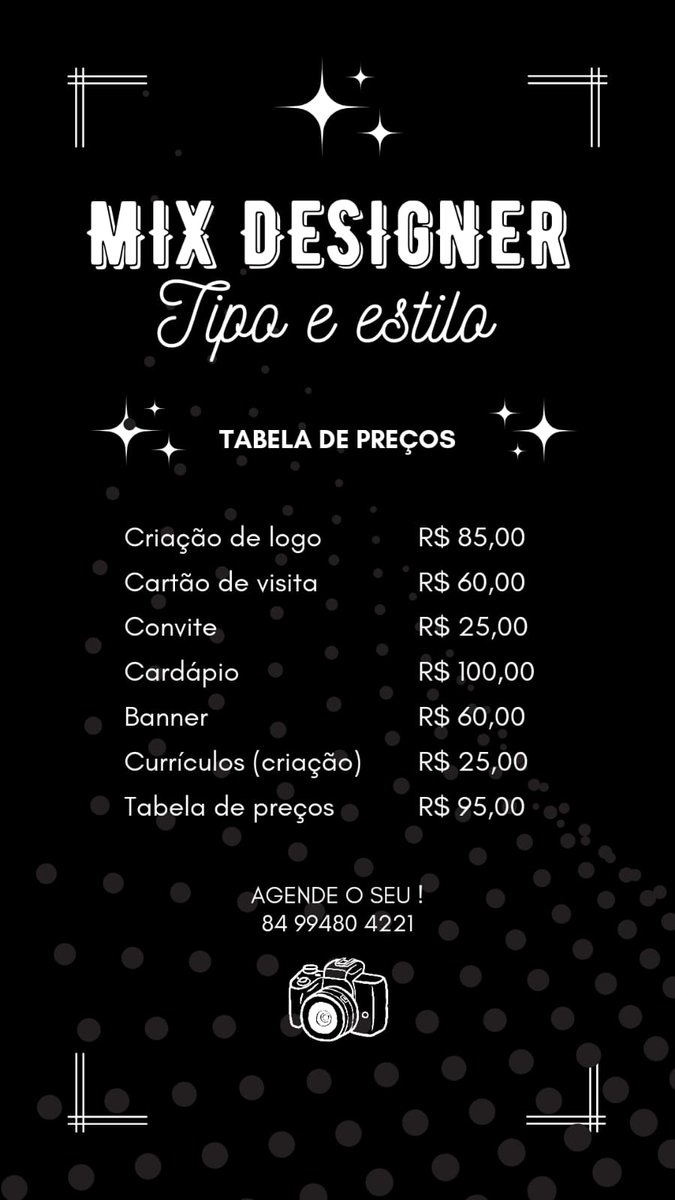 Fazer aqui uma publicidade pra um amigo meu. A tabela de preço dele tá feita mas ele tá meio perdido e não sabe por onde começar. Então vou tentar dar uma mãozinha. Interessados é só falar comigo na DM ou dar um toque direto pra ele no WhatsApp. Número dele tá aí junto da tabela.