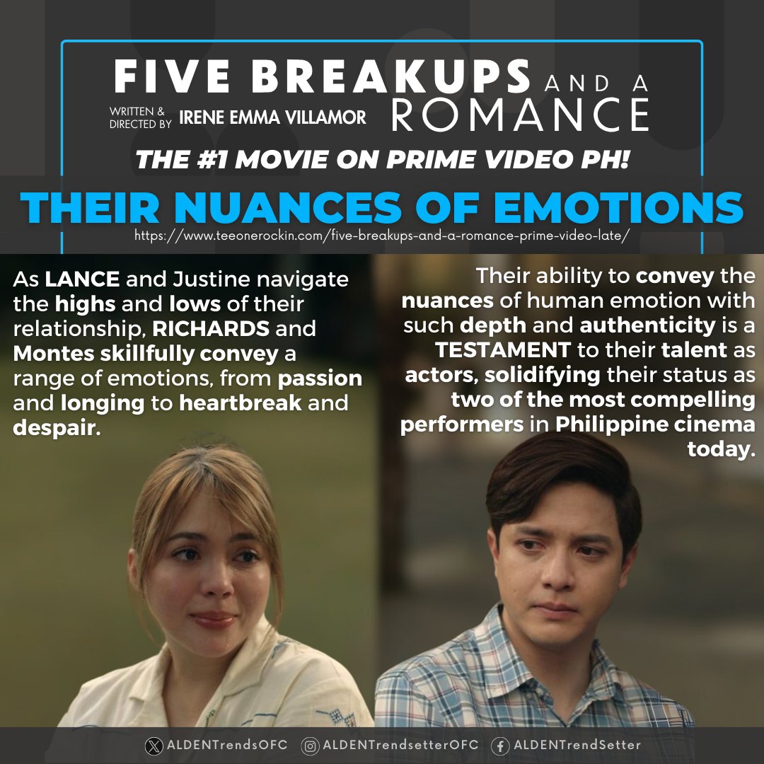 AldenTrendsOFC's tweet photo. What sets ALDEN and Julia apart from the rest?

Their ability to convey the nuances of human emotion with such DEPTH and AUTHENTICITY is a TESTAMENT to their talent as actors, solidifying their status as two of the MOST COMPELLING PERFORMERS in Philippine cinema today 😏

KUDOS to both of you, ALDEN and Julia! 🙌🏻

@aldenrichards02  @yourjuliamontes  @myriad_corp 
#FiveBreakupsAndARomance 
#ALDENRichards 
ALDENxMyriad TOP1sinceDAY1
🌐  |  https://t.co/JsnsvPiUdt

=====
Five Breakups And A Romance
starring ALDEN RICHARDS and Julia Montes
written and directed by Irene Emma Villamor
co-produced by MYRIAD ENTERTAINMENT
streaming NOW on Prime Video 💔❤️