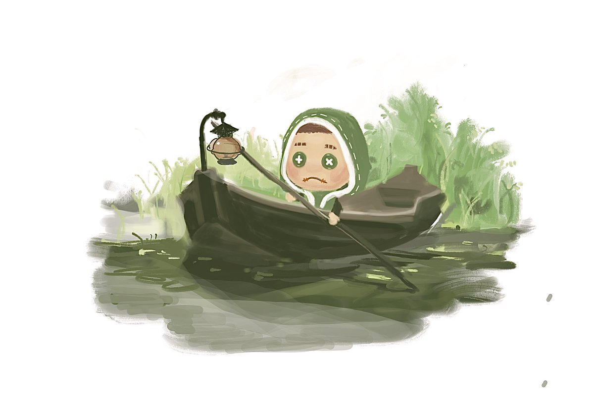 solo hood up boat green eyes hood holding male focus  illustration images