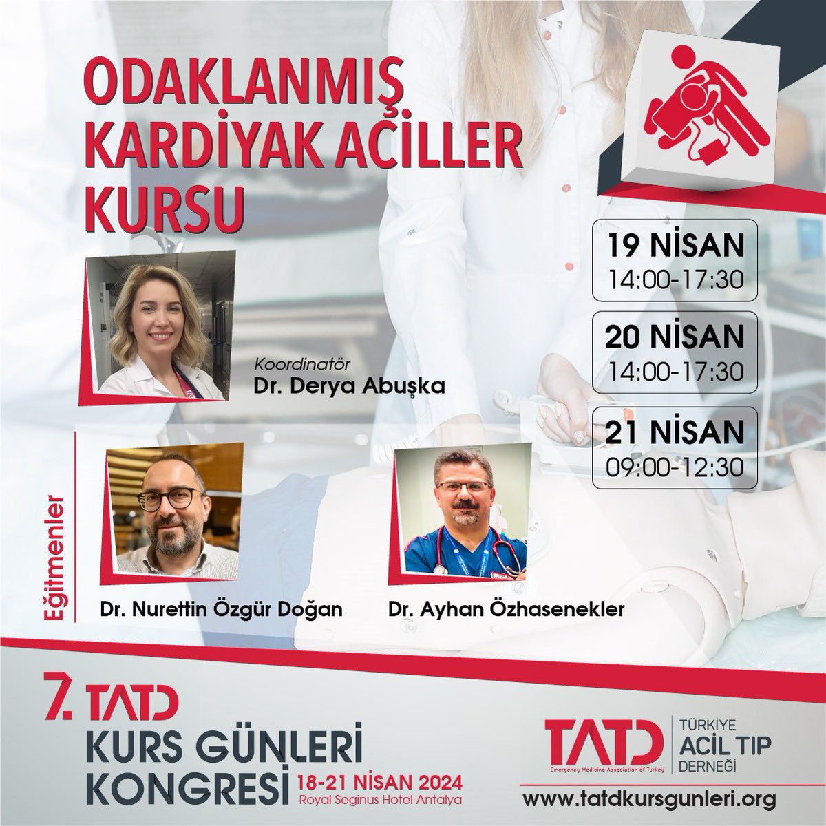 🌟Kurslarımızı tanıyalım🌟
 “Odaklanmış Kardiyak Aciller” Kursu
Programın tamamına ulaşmak için 👉🏻 tatdkursgunleri.org/kurslarimiz/ adresini ziyaret edebilirsiniz. 

🌍 7. TATD Kurs Günleri Kongresi, 18-21 Nisan 2024 tarihlerinde, Antalya’da gerçekleştirilecektir. Kaçırmayın! <a href="/deryaozasir/">Derya Özaşır Abuşka</a>