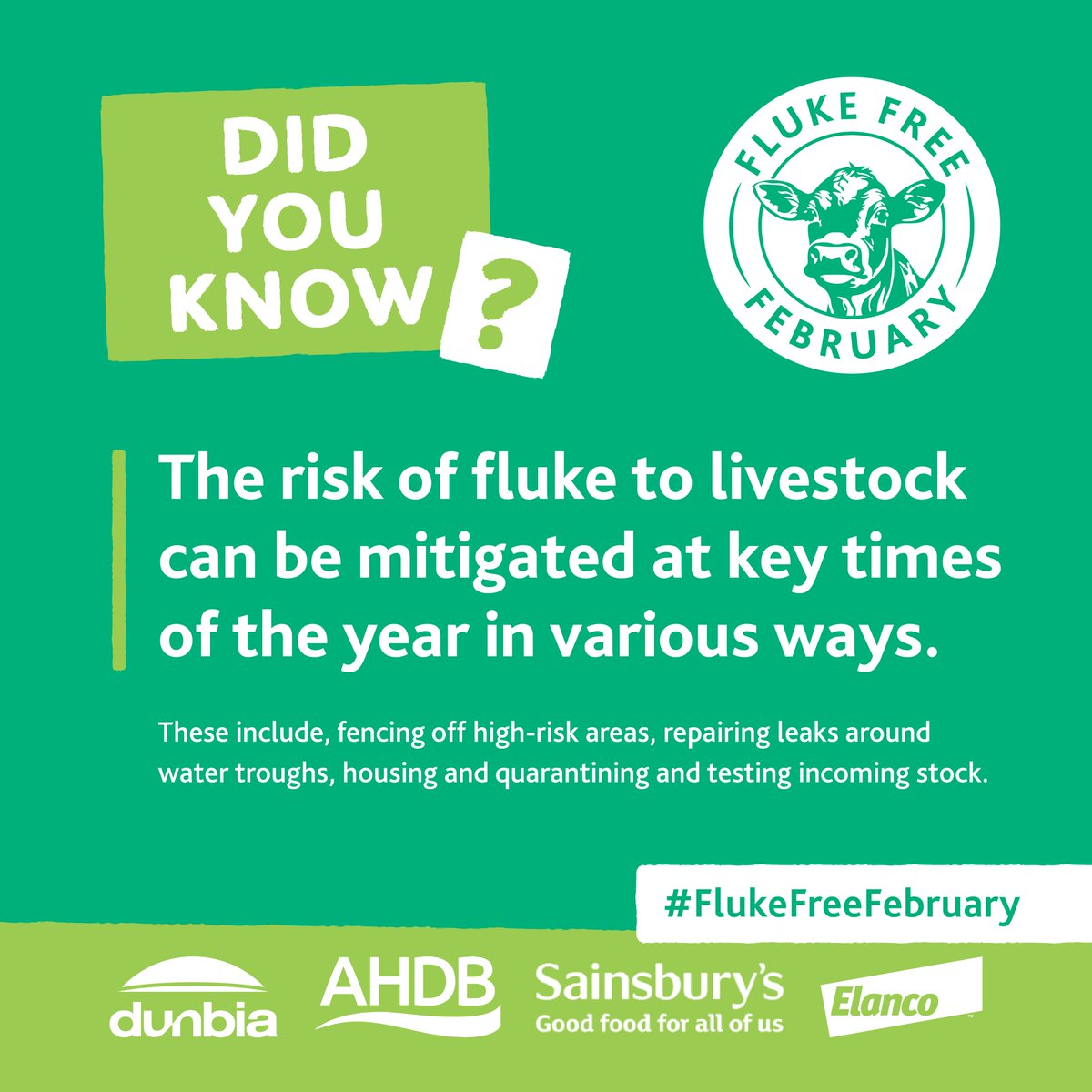 Did you know?..💭🐮🐑 Its week 3 of our #FlukeFreeFebruary campaign in conjunction with @TheAHDB,@elancolivestock & @sainsburys See 👇 a #FridayFact about mitigating Liver Fluke. For further guidance on your farm, always seek advice from your own veterinary surgeon. #FarmGreen