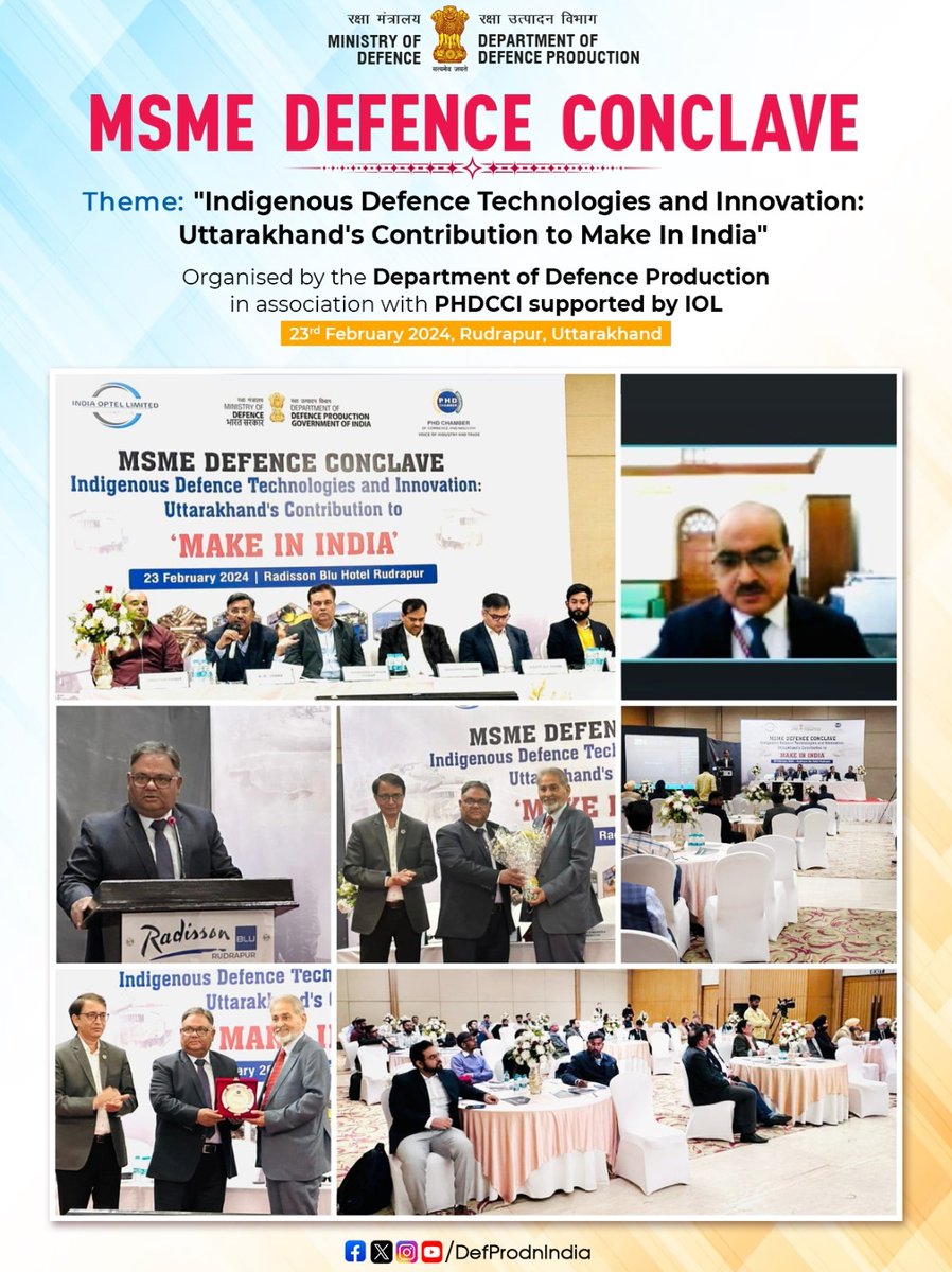 Engaging discussions at MSME Defence Conclave
Organised by the Department of Defence Production,MoD in association with #PHDCCI on 'Indigenous Defence Technologies and Innovation: Uttarakhand's Contribution to #MakeinIndia' on 23rd Feb 2024, Rudrapur, Uttarakhand.
#MSMEConclave