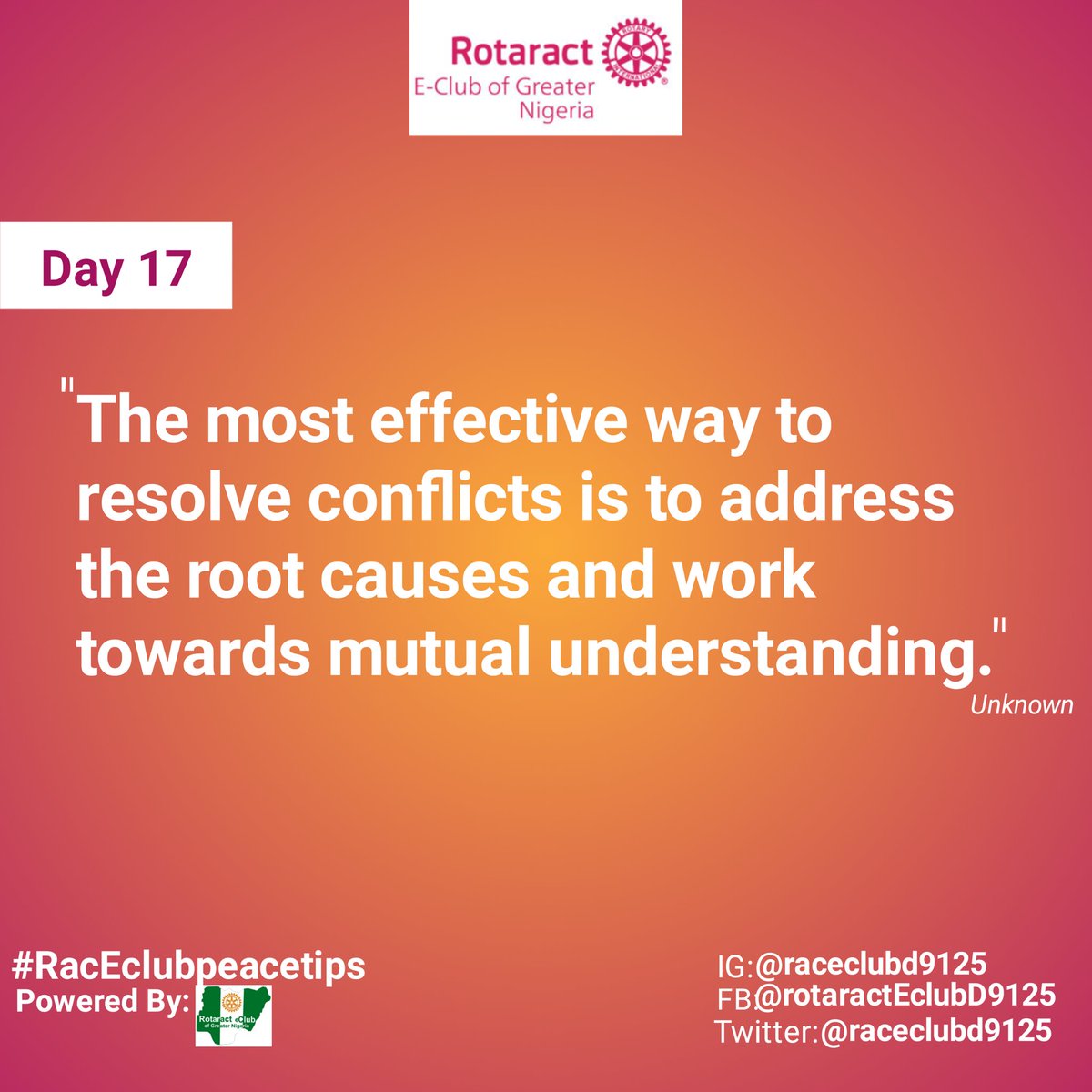RACEClubD9125's tweet photo. #peaceIsPossible
#BuildBridgesNotWalls
#NegotiateForPeace
#UnityInDiversity
#RotaDigitalPeaceTips
#PromotePeacefulDialogue https://t.co/AsgDRtu3K6