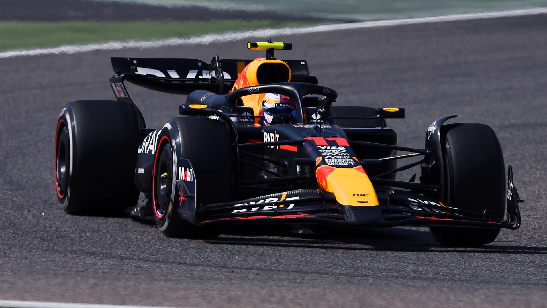 Checo Perez out on track with hard tires during Bahrain testing.