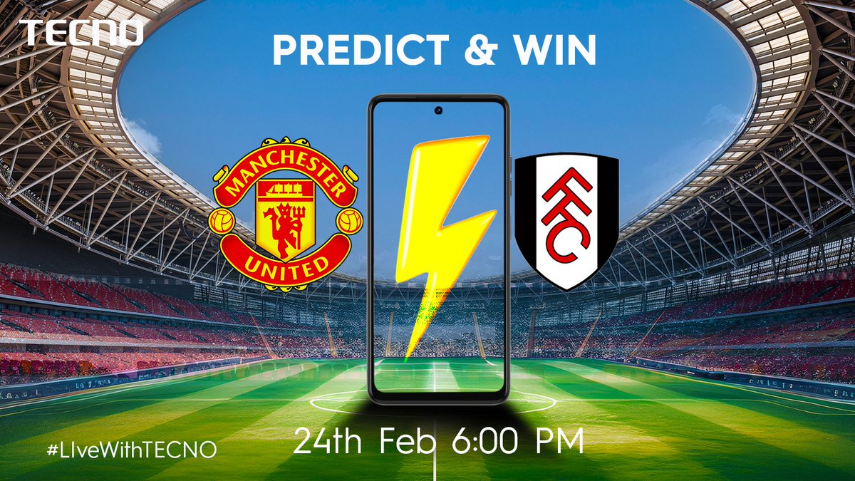 tecnomobileug's tweet photo. What's your prediction for the big clash between Man United and Fulham? Drop your predictions below! 
Repost
Like and comment with your correct prediction 20mins before FT
Two random correct winners will be announced.
T&amp;Cs apply
#LiveWithTecno #PremierLeague #PredictAndWin https://t.co/vATF9QMJ14