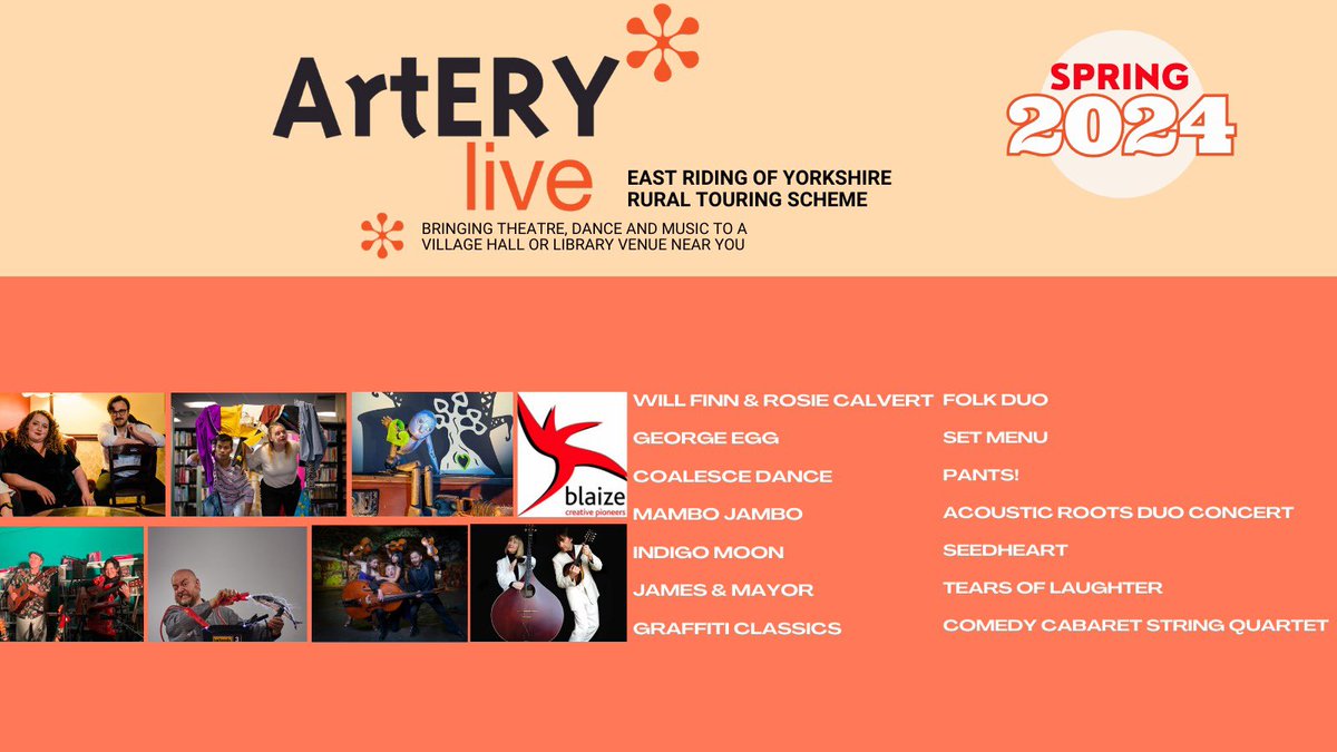 🚨 SPRING 2024 SEASON! 🚨 

We are delighted to present the wonderful roster of artists, performers and companies that are touring East Riding this spring! 🌺 

Stay tuned for details…. 

#ruraltouring #eastriding #yorkshire #dance #theatre #comedy