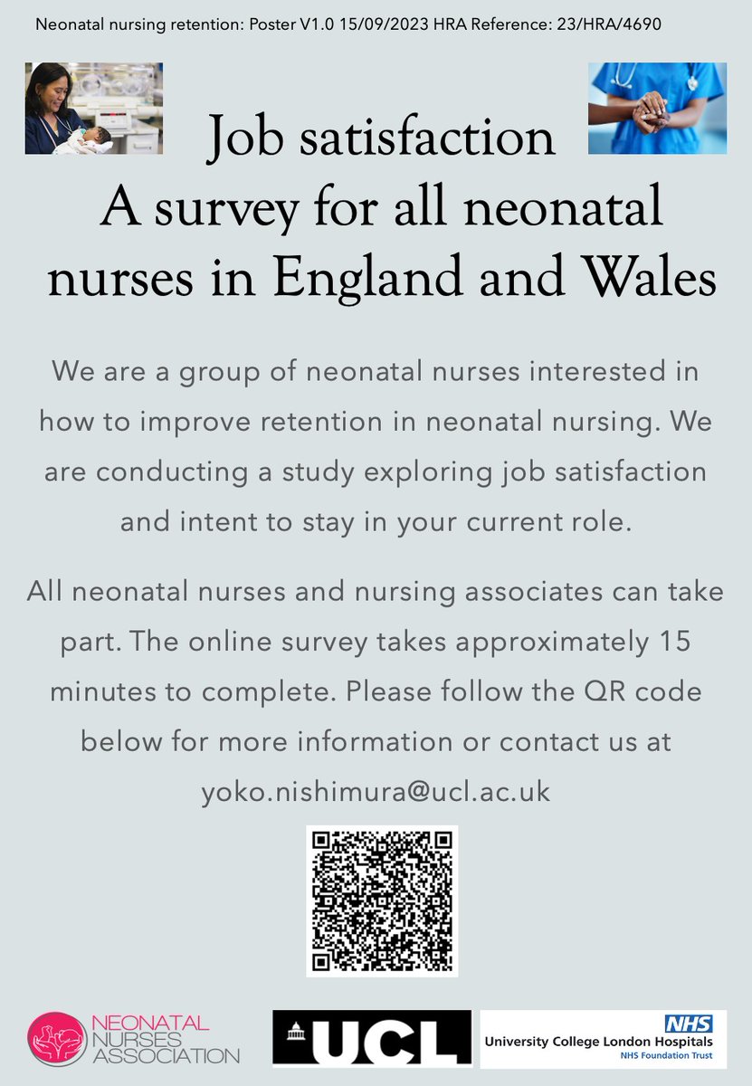 ‼️Calling all neonatal nurses in England & Wales‼️ We have opened a study exploring how to improve retention in neonatal nursing (HRA ID 23/HRA/4690) All nurses working in neonatal units in England & Wales are eligible to participate. Read more> redcap.idhs.ucl.ac.uk/surveys/?s=HJW…