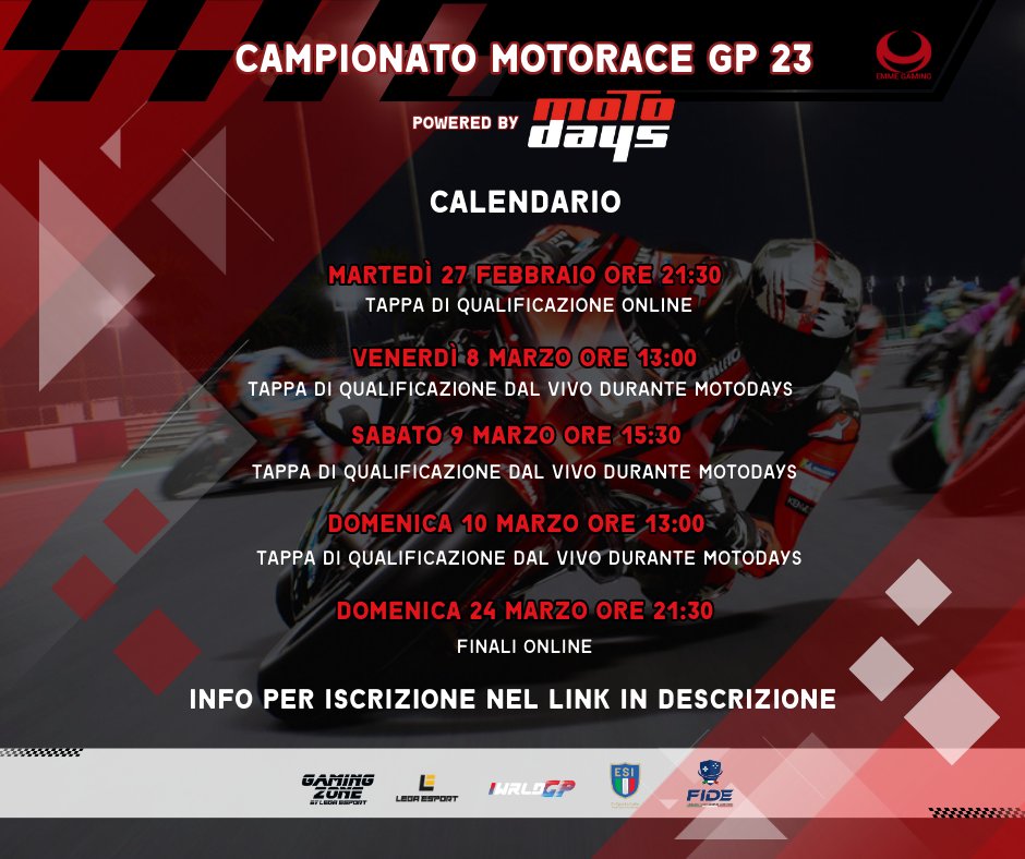 #MotoGP
iscrizioni aperte al "Campionato Motorace" con 2 tappe di qualificazioni online e 3 tappe live al MotoDays a #roma, fiera delle moto dall'8 al 10 marzo.
info, dettagli e regolamenti in DM.
#Motodays2024 #gaming #gamingexperience #videogiochi #console #consolegaming #gamer
