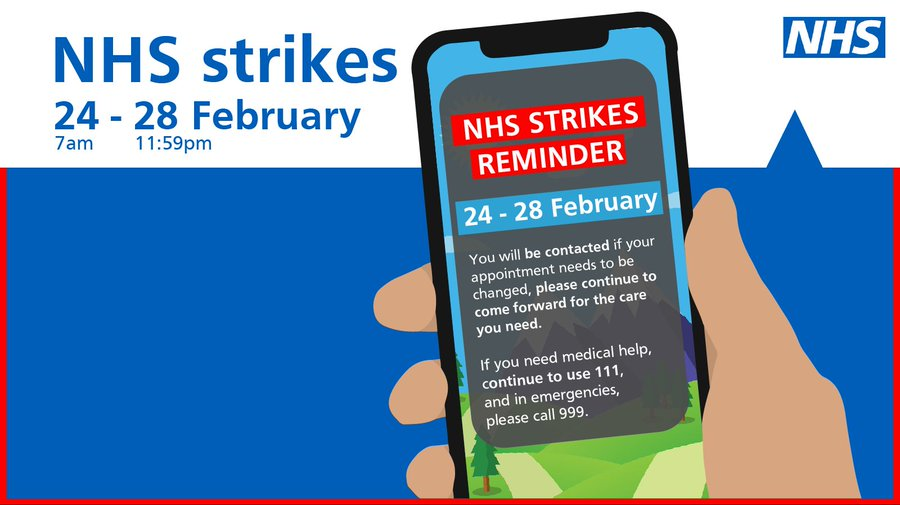 📢Strike action by junior doctors 24-28 February.     

The Minor Injuries Unit at the Hallamshire will be closed during this period.    

Please help us to manage demand by only attending A&amp;E if it is an emergency.
