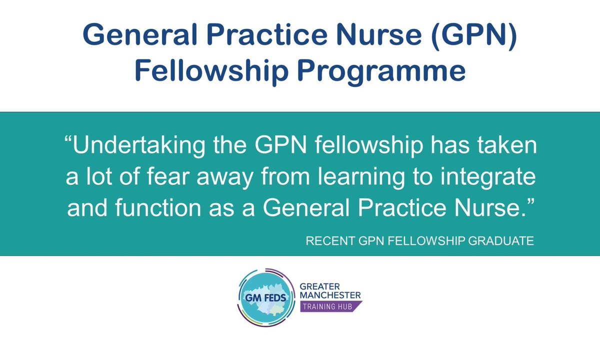 Greater Manchester Training Hub (@gmtrainhub) on Twitter photo The General Practice Nurse (GPN) Fellowship is here to support you on your professional journey.
It is a two-year programme that supports the transition into primary care.
Information on how to apply here 👉 gmthub.co.uk/our-programmes…
#NurseFellowship #PrimaryCare #GPNs The General Practice Nurse (GPN) Fellowship is here to support you on your professional journey.
It is a two-year programme that supports the transition into primary care.
Information on how to apply here 👉 gmthub.co.uk/our-programmes…
#NurseFellowship #PrimaryCare #GPNs