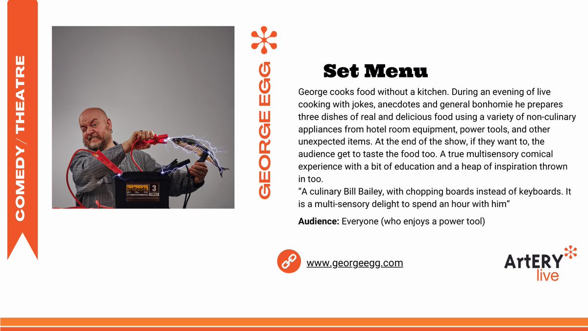 GEORGE EGG

@georgeegg brings you an evening of live cooking with jokes and anecdotes! 🍳 

Playing North Bridlington and Goole Libraries, Ticket info via link in bio 

#ruraltouring #eastriding #yorkshire #dance #theatre #comedy
