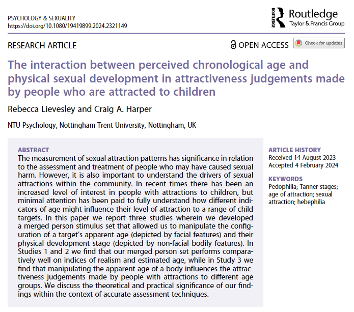 Out now - We have a new paper in Psychology & Sexuality about the interaction between a child's perceived age and physical development in judgements of attractiveness made by people who are attracted to children. Read here: doi.org/10.1080/194198… @R_Lievesley @ntu_research