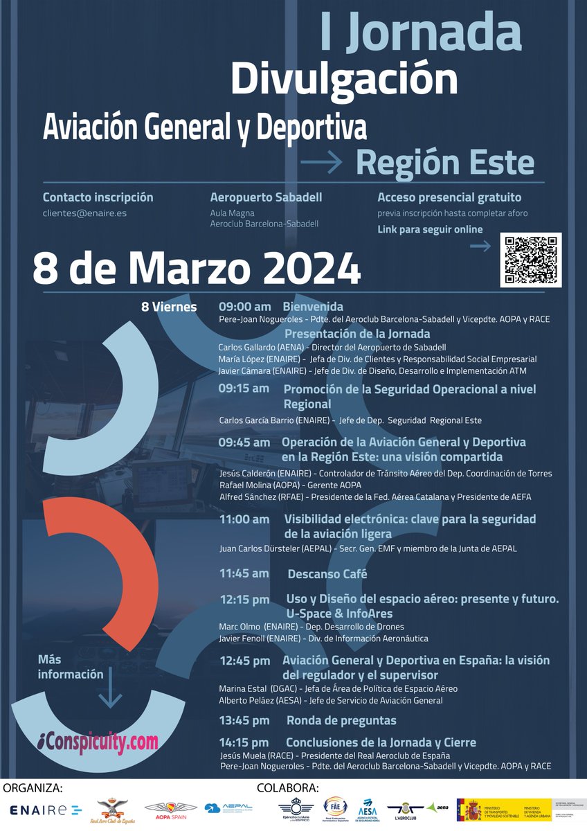 ENAIRE's tweet photo. ✈️@ENAIRE organiza junto con las diferentes organizaciones del sector de la Aviación General y Deportiva, @RealAeroClub, @AopaSpainInfo, @aepal_aero, #RFAE, la primera #jornada divulgativa centrada en los usuarios del espacio aéreo de la Región Este.
🗓 8 de marzo
📍 #Sabadell https://t.co/ZPMjgLbCiT