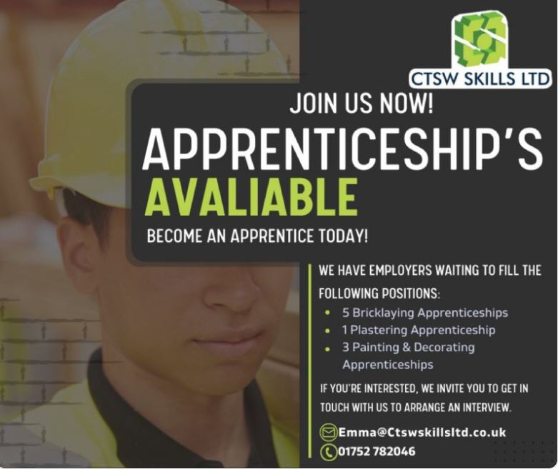 Apprenticeships available now with our member organisation @CTSW Skills LTD Take those first steps to starting your career in #construction Don't forget our Early Careers Fair on 9th March 10am - 2pm @Plymouth Argyle Football Club Find out more: zurl.co/AiGn