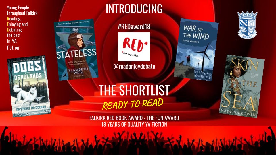 Pleased to announce the fabulous shortlist for this year’s FALKIRK RED BOOK AWARD #REDaward18 Congratulations to @anthony_mcgowan @strangelymagic @EWein2412 @skinofthesea Young people throughout Falkirk are avidly Reading, Enjoying and Debating these 4 amazing reads!