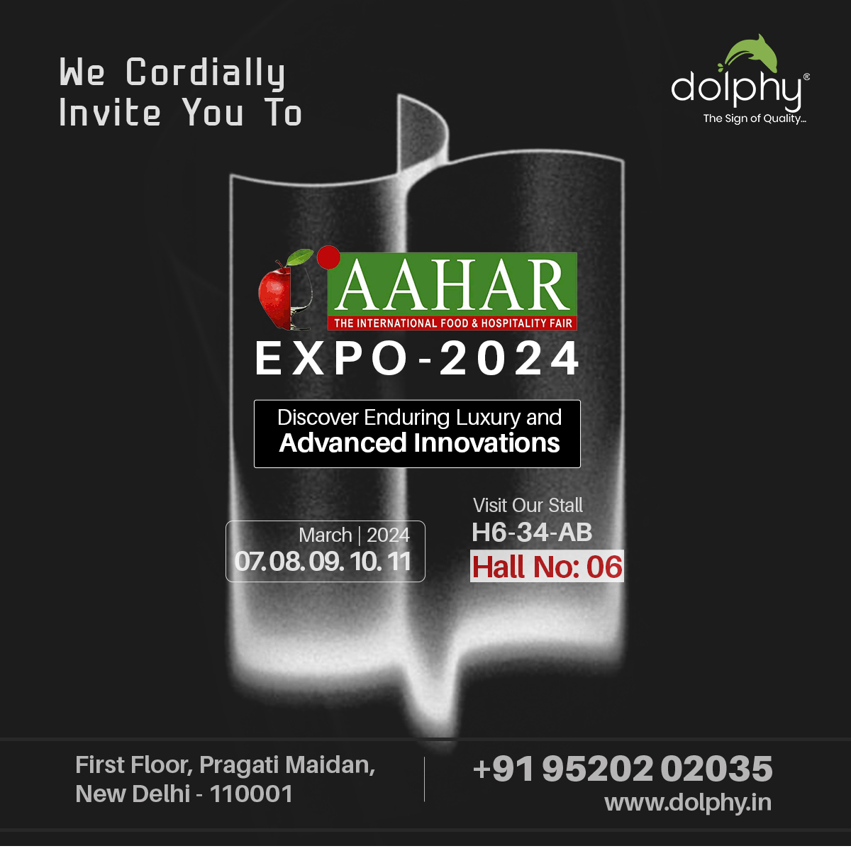 dolphyindia's tweet photo. The Dolphy group of India cordially invites you to our display of architectural washroom &amp; hotel amenities at the AAHAR Expo.

🏛️ Stall no.: H6-34-AB
Hall No.: 06
🗓️Date: March 07-08-09-10-11, 2024 
📍- Pragati Maidan, New Delhi

#DolphyIndia #aahar #HospitalityLeaders #expo2024 https://t.co/KeIkFs2hWT
