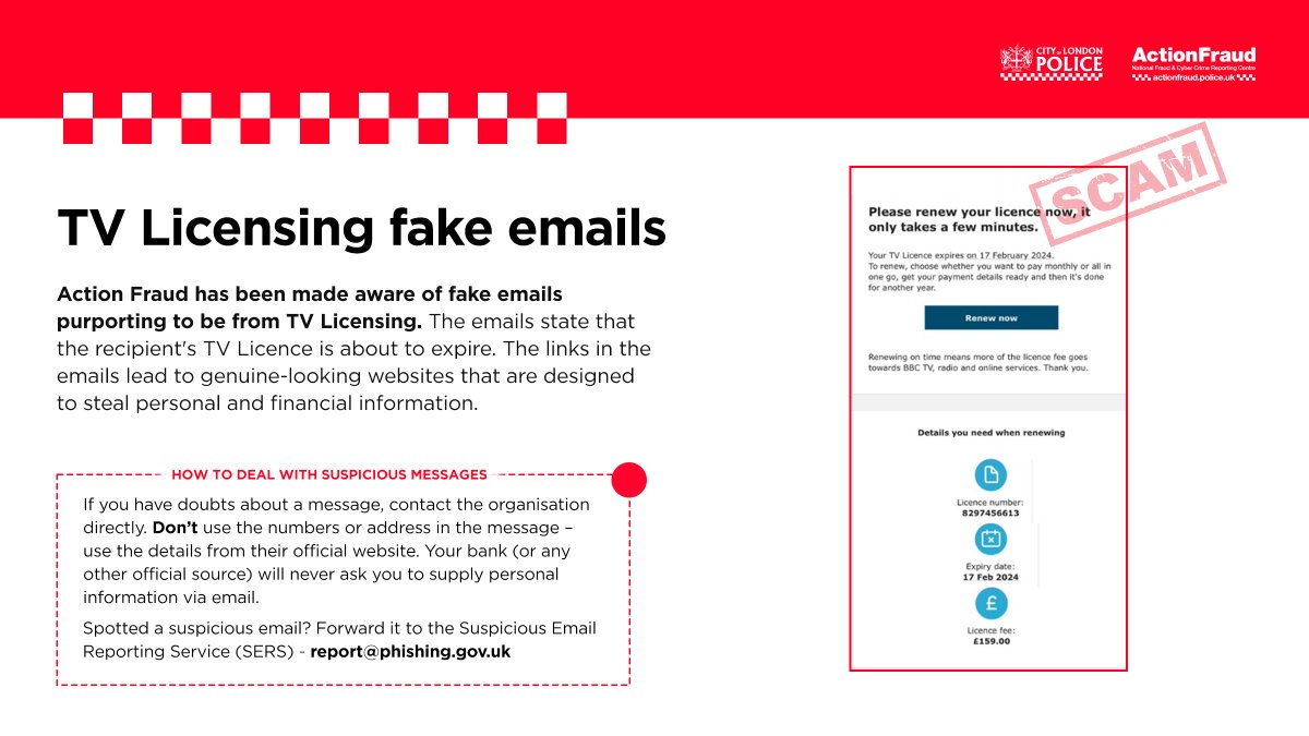 reportfrauduk's tweet photo. ⚠️ Watch out for FAKE emails claiming to be from @tvlicensing.

✅Remember, genuine emails from TV Licensing will always include your name and/or part of your postcode.

❌They will never email you out of the blue about a discount or refund on your TV licence.

🔗For more information on how to spot fake TV Licensing emails, visit 👉https://t.co/2MtO4bvN4V