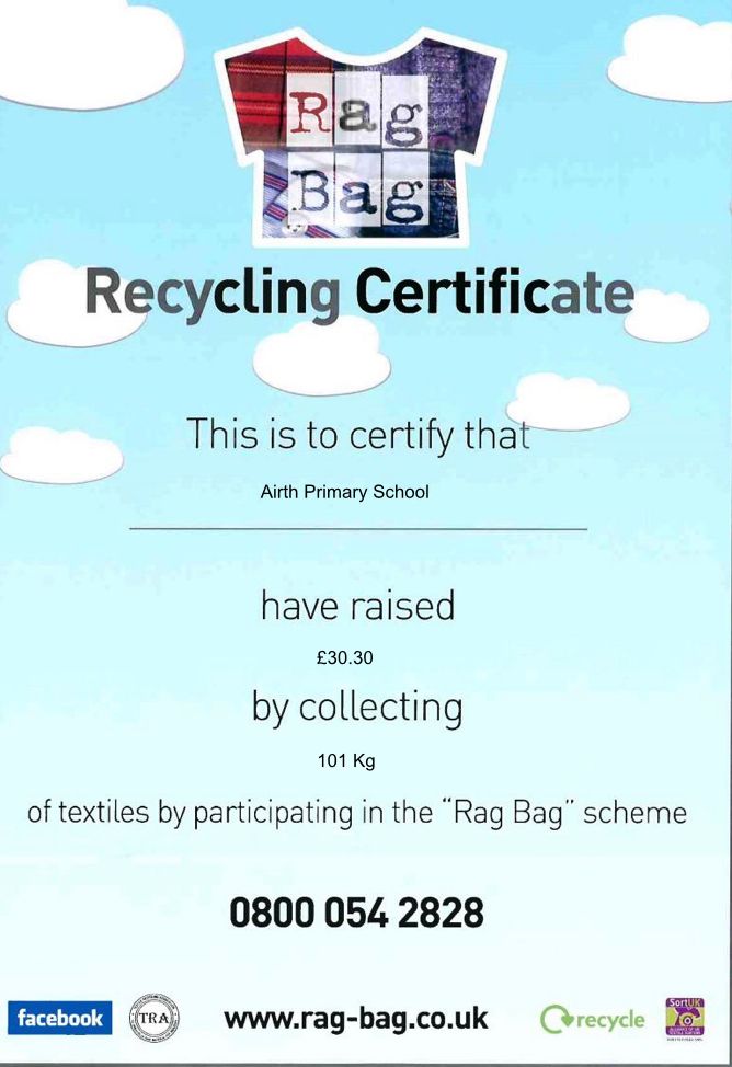 Many thanks to all who use the textile bank in the playground to recycle their old clothes. Our latest collection raised £30! 🥳

Remember you can drop clothes, bags, shoes & belts off at any time in any tied plastic bag.

Thanks for your support 💚

@airthprimary @airthNursery