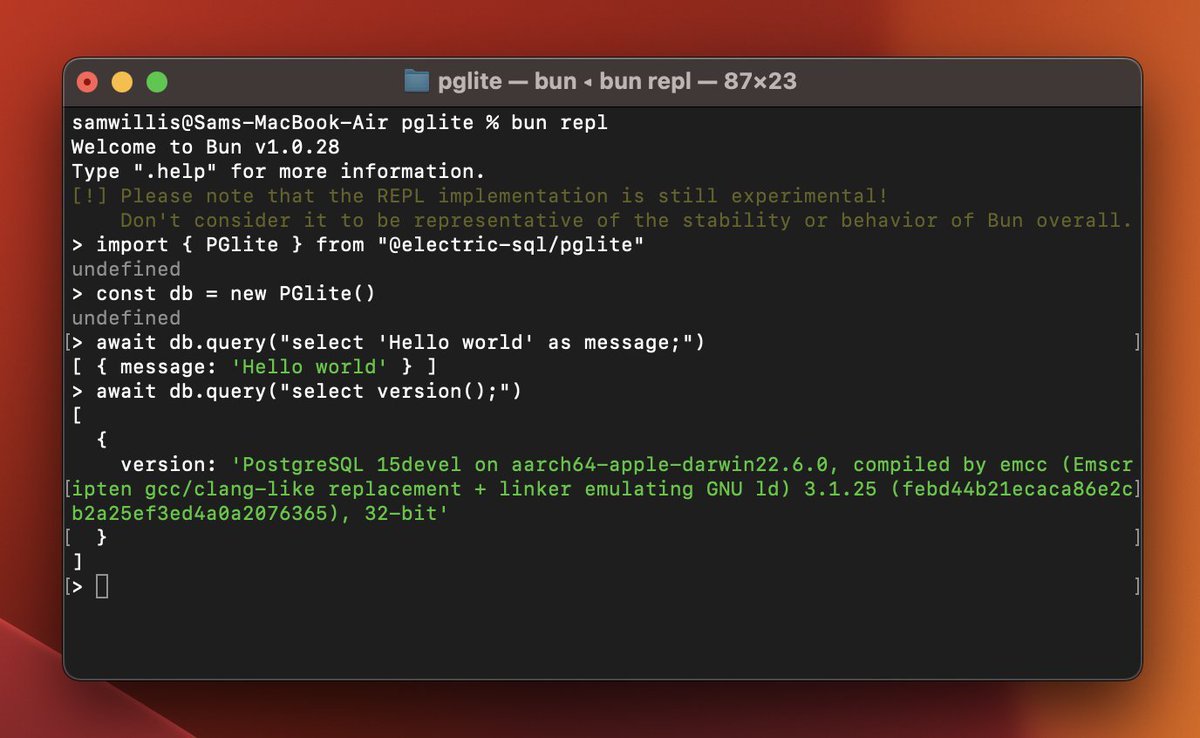 kiwicopple's tweet image. This is amazing work from @samwillis + @ElectricSQL 

A "lite" version of Postgres:

◆ 3.7mb gzipped
◆ Runs in the browser/Node/Bun/(Deno?)
◆ Stores data in IndexDB on the browser

Looks like pgvector support is on the horizon 🧵