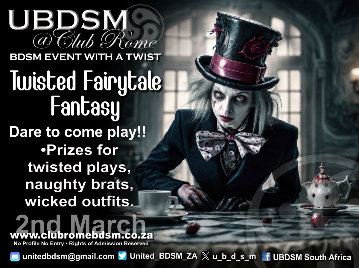 UBDSM at Club Rome - How twisted can you get?!! Dare to come play! Prizes for twisted plays, naughty brats,wicked outfits. 
Book on clubromebdsm.co.za or clubrome.co.za
Rights of admissions reserved • No Profile No Entry
#UBDSM #ClubRome #partytime #bdsmevent