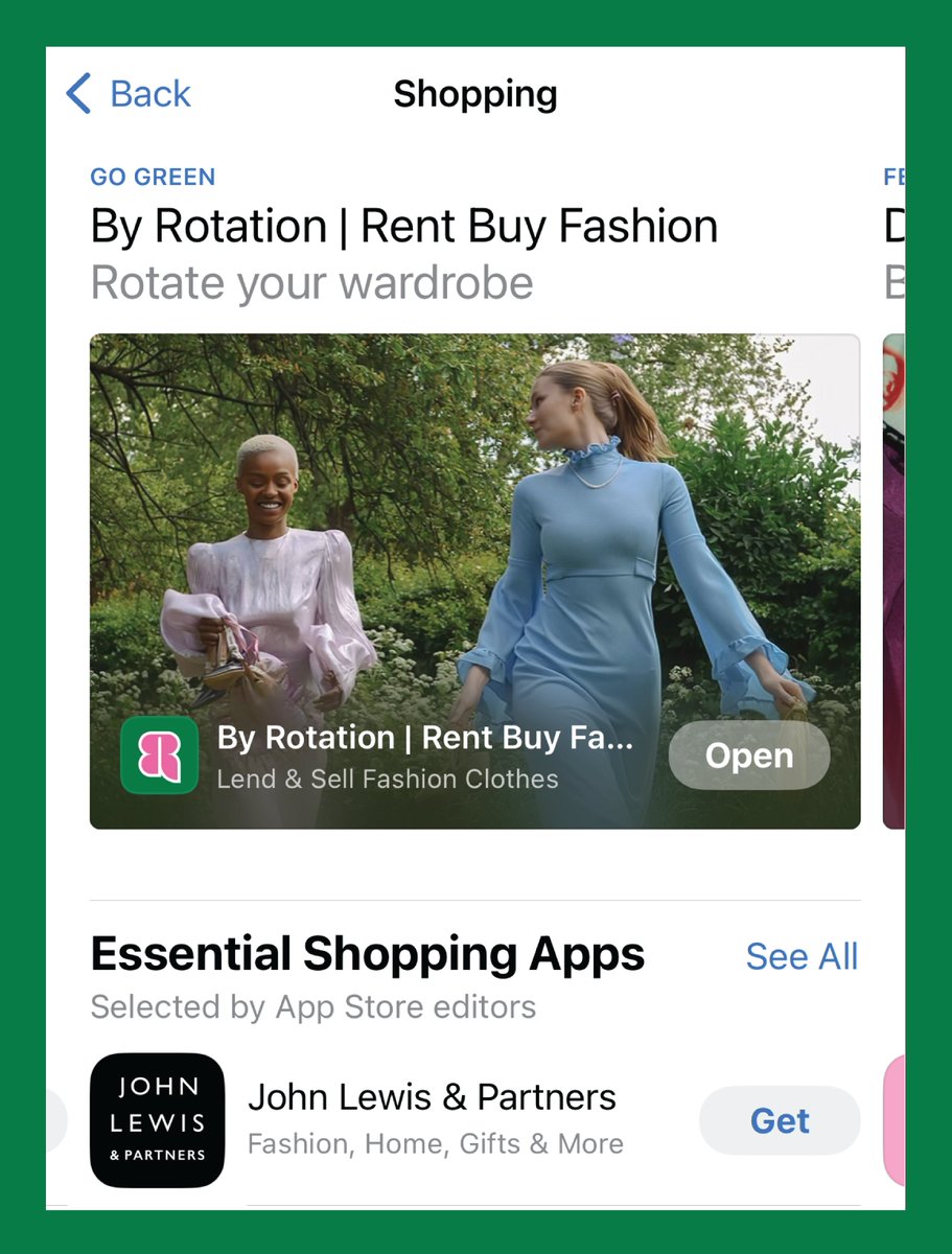 WE’RE ON THE APP STORE TODAY!🍎

Spot us featured as the leading ‘Go Green’ app on the App Store shopping category.

If you're loving By Rotation, leave us a review on the App Store⭐ lnkd.in/eea5ehry

#FashionForward #GoGreen #SustainableFashion #AppleApproved #ByRotation