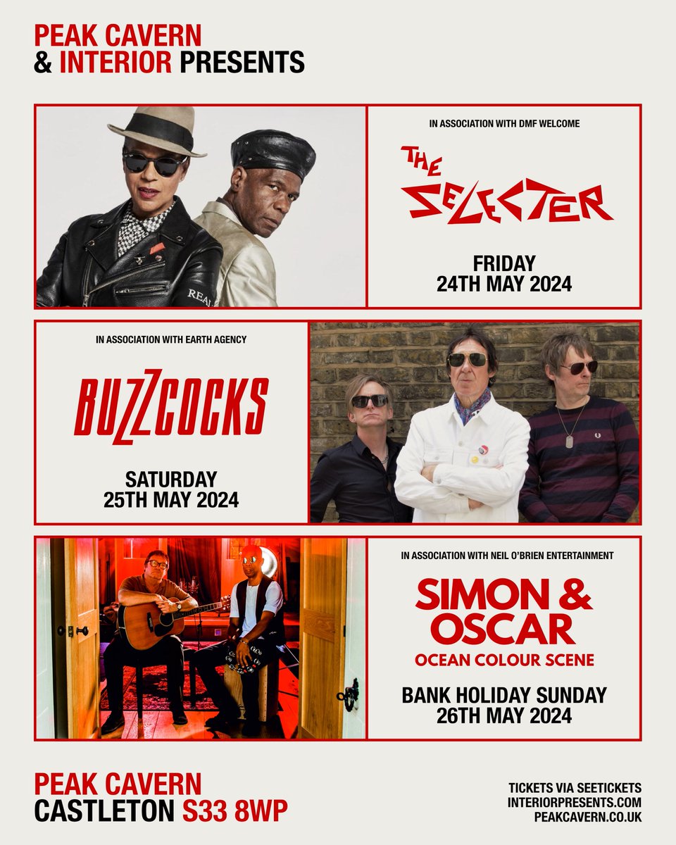 Check out our May Bank Holiday series of shows at Peak Cavern , Castleton ft: Fri 24 - The Selecter Sat 25 - Buzzcocks Sun 26 - Simon & Oscar Tickets available through our website > interiorpresents.com
