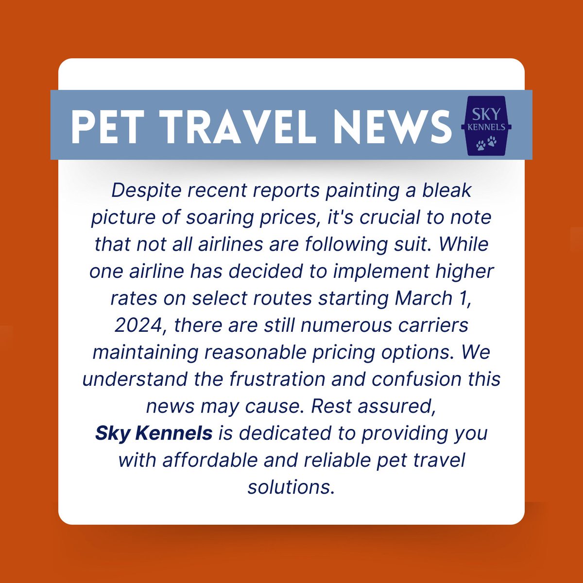 🐾 Recent media buzz on pet relocation costs stirred concern, but Sky Kennels is here to help. Whether moving across the country or abroad, we make the journey stress-free for you and your pets. Reach out to discuss your relocation needs! 🐶✈️🐱 #PetTravel #SkyKennels