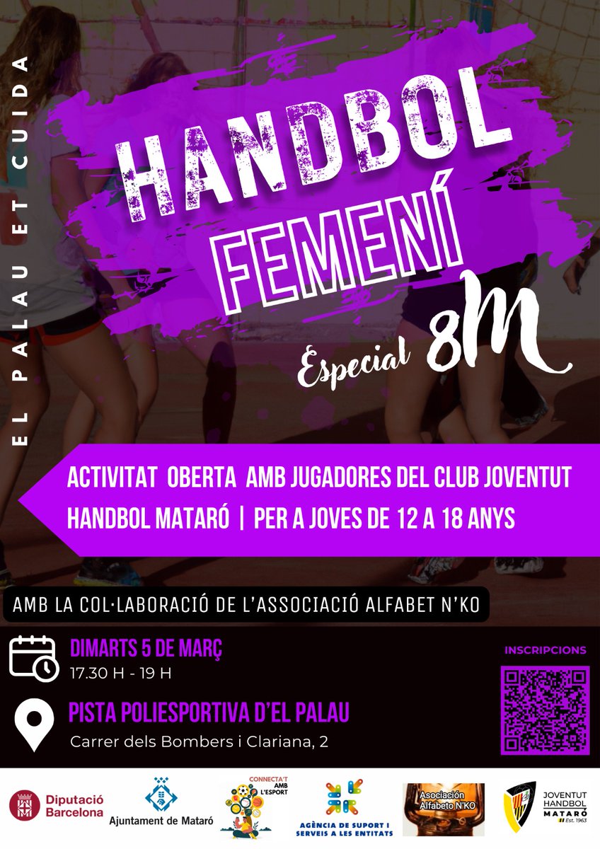 esportmataro's tweet photo. 🤾♀️ #8M #HandbolFemení
📅 5/3 a 17.30 h
📍 #PistaPMEl Palau
👉 Noies de 12/18 anys
✅ Activitat gratuïta
#ElPalauEtCuida
8M👉https://t.co/5zT7y12l0f
@cjhmataro i
#Associació Alfabet N’Ko
Inscripcions
Scan #QR
📧valonso@ajmataro.cat
@ParticipaMataro #ProjecteJESA
@EsportsDiba https://t.co/0AwhuLLDHK