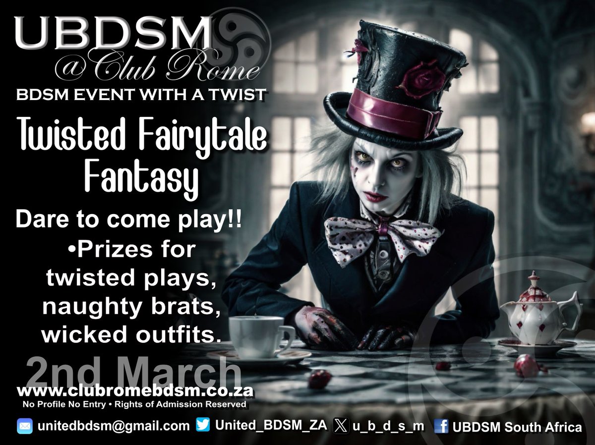 UBDSM at Club Rome - How twisted can you get?!! Dare to come play! Prizes for twisted plays, naughty brats,wicked outfits. 2nd of March UBDSM is having Twisted Fairytale Fantasy -
Book on clubromebdsm.co.za or clubrome.co.za

#UBDSM #ClubRome #partytime #bdsmevent