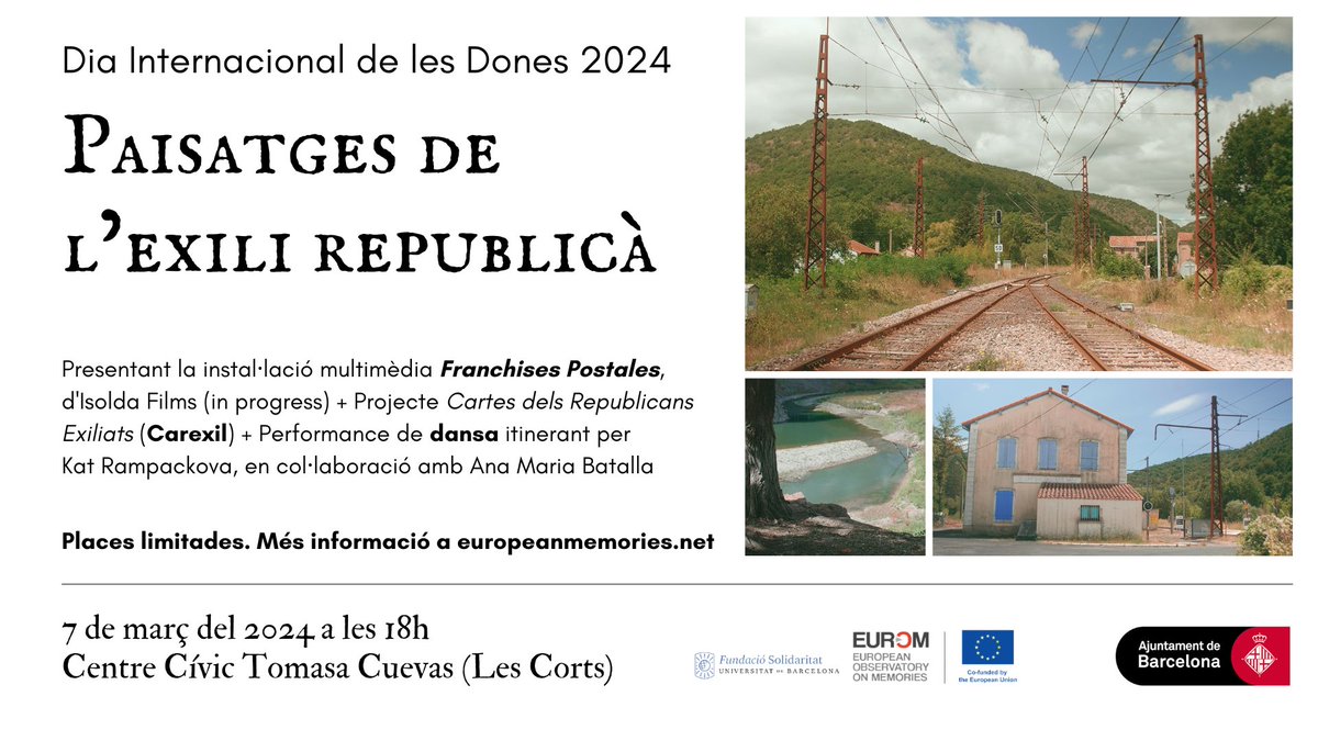 🙋‍♀️ #CadaDiaÉs8M Ens veiem al <a href="/CCTomasaCuevas/">Centre Cívic Tomasa Cuevas- Les Corts</a> per recordar l'exili republicà amb la coreògrafa Kat Rampackova, l’activista Anna Maria Batalla, la cineasta Carolina Astudillo i l'acadèmica Marta López, coordinadora del projecte Cartes de Refugiades i Exiliades Republicanes a França