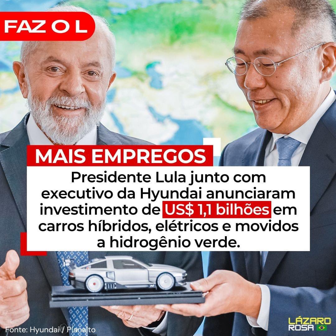 Presidente Lula junto com executivo da Hyundai Motor, Eui-Sun Chung, anunciaram investimento de US$ 1,1 bilhões em carros híbridos, elétricos e movidos a hidrogênio verde. Chung ressaltou a criação de mais de 6.500 empregos diretos e o estoque de investimentos no Brasil da ordem…