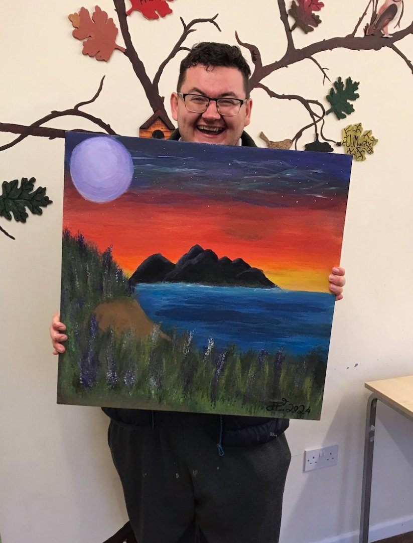 WOW! A massive well done to James who has completed his acrylic seascape painting. As you can see he is over the moon with his painting, and the lucky recipient of his wonderful work will be his Grampa.