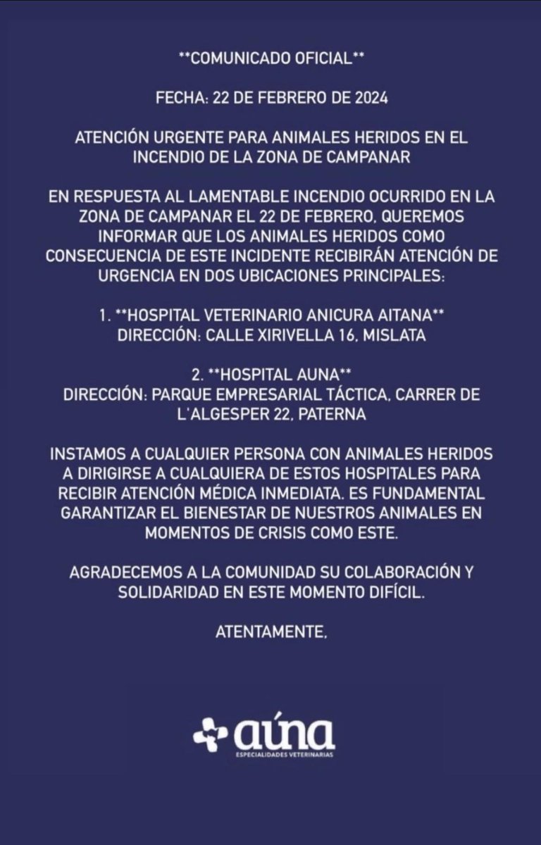 #valencia
#incendiovalencia
Para TODOS los animales afectados en el incendio.
Difunde,por favor,gracias!!