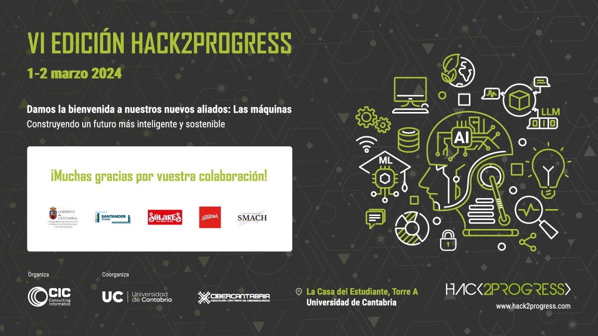 CICactualidad's tweet photo. Tic-tac...En menos de 4 días se cierra la inscripción para participar en #Hack2Progress.
¡Inscríbete! https://t.co/7znr0o0cYs
Agradecemos al Gobierno de Cantabria, Ayuntamiento de Santander, Agua de Solares, Sobaos Serafina y @CervezaSmach por formar parte de esta VI edición. https://t.co/kxz4yWY4pn