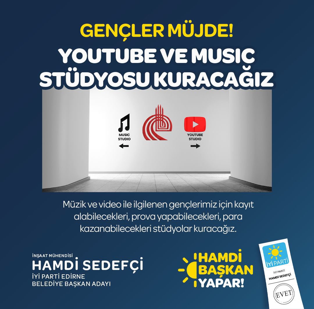 HSedefci's tweet photo. 🎥 GENÇLERE MÜJDE: YOUTUBE VE MÜZİK STÜDYOSU GELİYOR! 🎥

Müzik ve video dünyasına adım atmanız için harika bir fırsat sunuyoruz: YouTube ve Müzik Stüdyolarımızı açacağız!

🎤 Müzik yapmayı, video çekmeyi seviyorsanız veya bu alanlarda kendinizi geliştirmek istiyorsanız, tam size göre bir haberimiz var. Kendi kayıtlarınızı alabileceğiniz, prova yapabileceğiniz ve hatta para kazanabileceğiniz stüdyolar kuracağız.

🎬 Bu stüdyolar, yaratıcılığınızı sergilemeniz ve kendi içeriğinizi üretmeniz için mükemmel bir ortam sunacak. Kendi müziklerinizi kaydedebilecek, YouTube videolarınız için profesyonel bir altyapıya sahip olacaksınız. İster müzik yapın, ister video çekin, bu stüdyolar sizin hayallerinizi gerçeğe dönüştürecek bir platform olacak. Kendi yeteneklerinizi keşfedin ve dünyaya gösterin.

Gençlerimizi, kendi yaratıcılıklarını sergileyebilecekleri ve kariyerlerini ilerletebilecekleri bu stüdyolara davet ediyoruz. Hayallerinizin peşinden gidin, Edirne sizinle gurur duyuyor!

☀️ Edirne Bilir, HAMDİ Başkan YAPAR! ☀️

#EdirneGençlikStüdyosu #YouTubeVeMüzikStüdyosu #HamdiBaşkanGençleriDestekliyor #Edirne