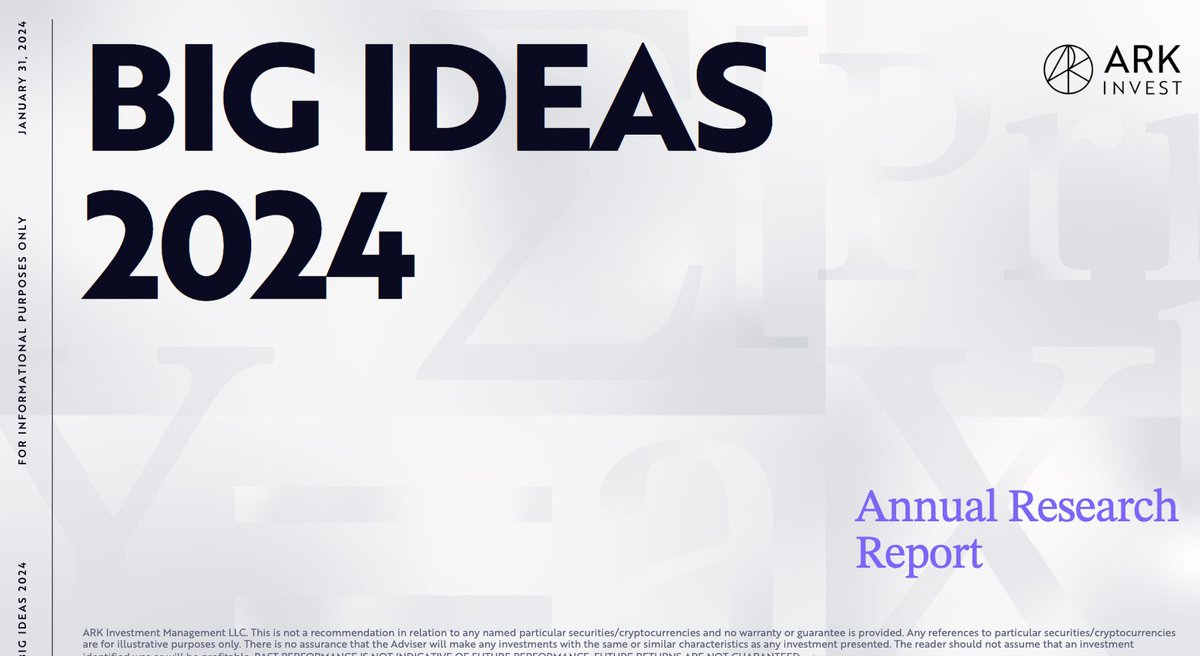 ARK 木头姐基金的每年报告，是每个投资人必看文摘。 看了很久，一直没时间撰写感想，今天结合晚上space发表一下。  2024年核心主题：大胆构想2024，打破常规，定义未来。  其中从：AI，BTC，智能合约，数字支付，精准医疗，新能源，自动驾驶，回收火箭，3D打印等多个领域做 ...