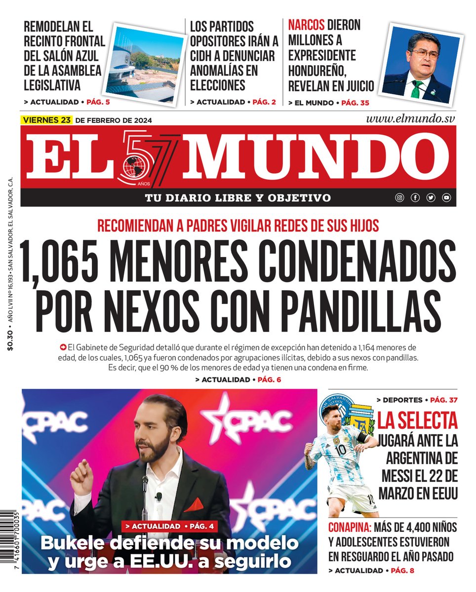 ElMundoSV's tweet photo. Buenos días lectores esta es nuestra #PortadaDEM para este viernes 23 de febrero, te invitamos a leer la versión completa del E-paper en el siguiente enlace.
https://t.co/eFYBM9e5QX https://t.co/zlPLBt0uE5