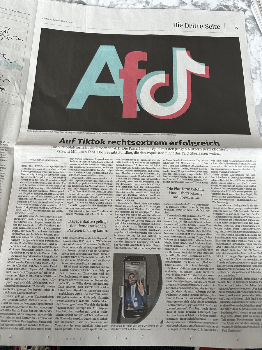 PeterMueller9's tweet photo. Wie die Videoplattform #TikTok zum Revier der AfD wurde - und was die demokratischen Parteien dagegen tun können, beschreibt @JoniLindenmaier in seiner tollen #Seite3 @AZ_Augsburg https://t.co/NGHnHWJq2i