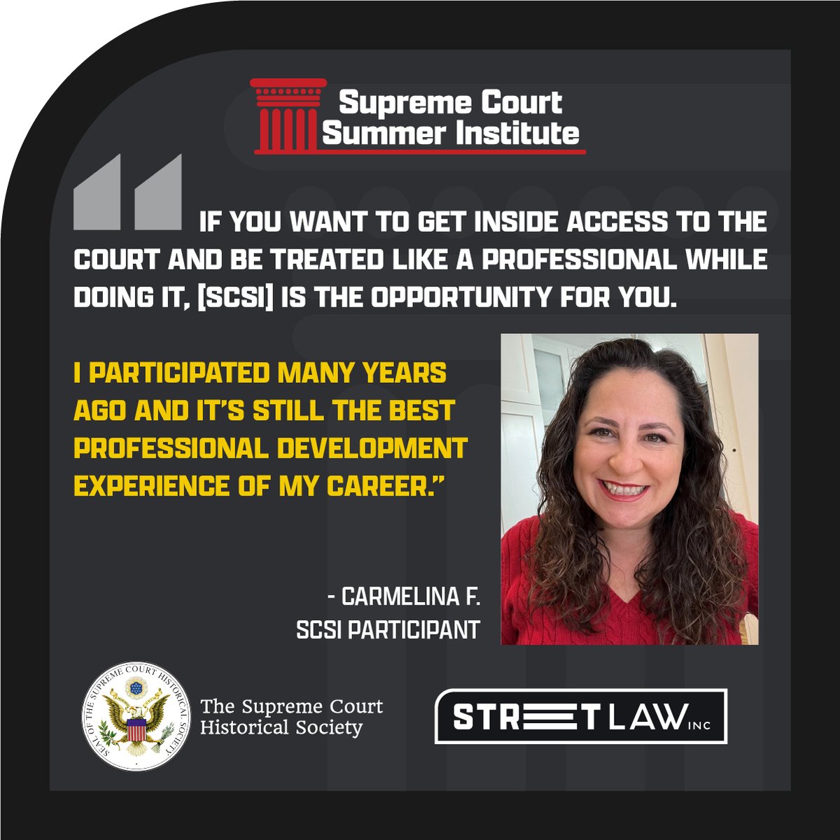 Street Law (@streetlawinc) on Twitter photo Only 1 week left!
Teachers, if you haven't applied to the Supreme Court Summer Institute, now is the time!
Join Street Law and the <a href="/SCHSociety/">Supreme Court Historical Society</a> in DC to deepen your understanding of SCOTUS through the best teacher professional development of your life!
streetlaw.org/event/supreme-… Only 1 week left!
Teachers, if you haven't applied to the Supreme Court Summer Institute, now is the time!
Join Street Law and the <a href="/SCHSociety/">Supreme Court Historical Society</a> in DC to deepen your understanding of SCOTUS through the best teacher professional development of your life!
streetlaw.org/event/supreme-…