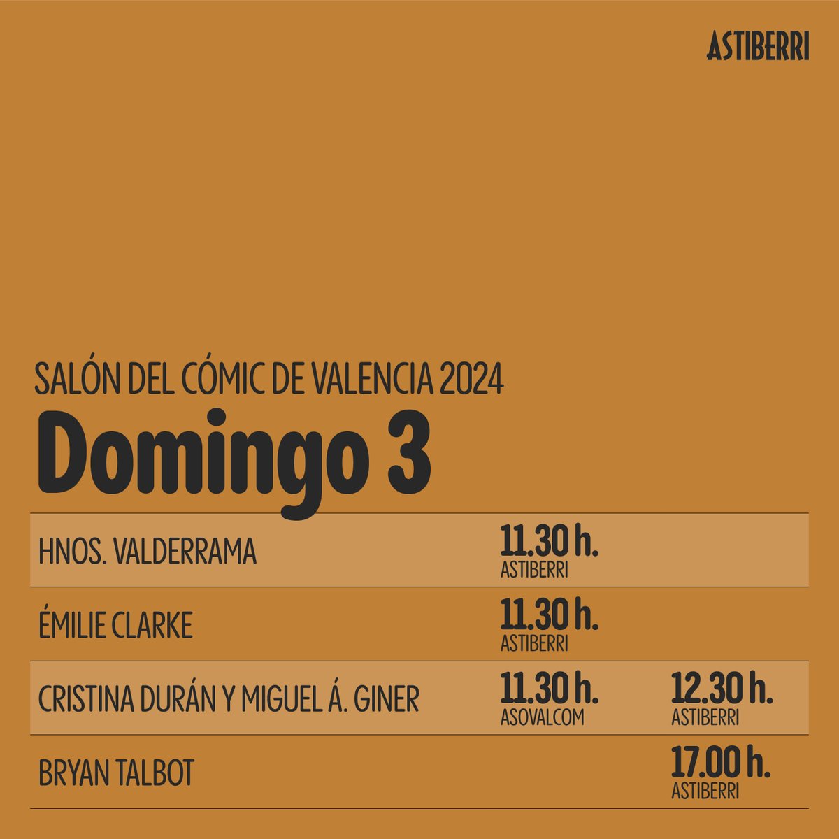 📍 Firmas del <a href="/SalonComicVlc/">Salón del Cómic y del Manga de Valencia</a> 📍

Os dejamos los horarios y los autores que participarán en el salón del 1 al 3 de marzo.

¡Venid a visitarnos! ¡Llevaos tebeos firmados!
👉 astiberri.com/posts/firmas-a…