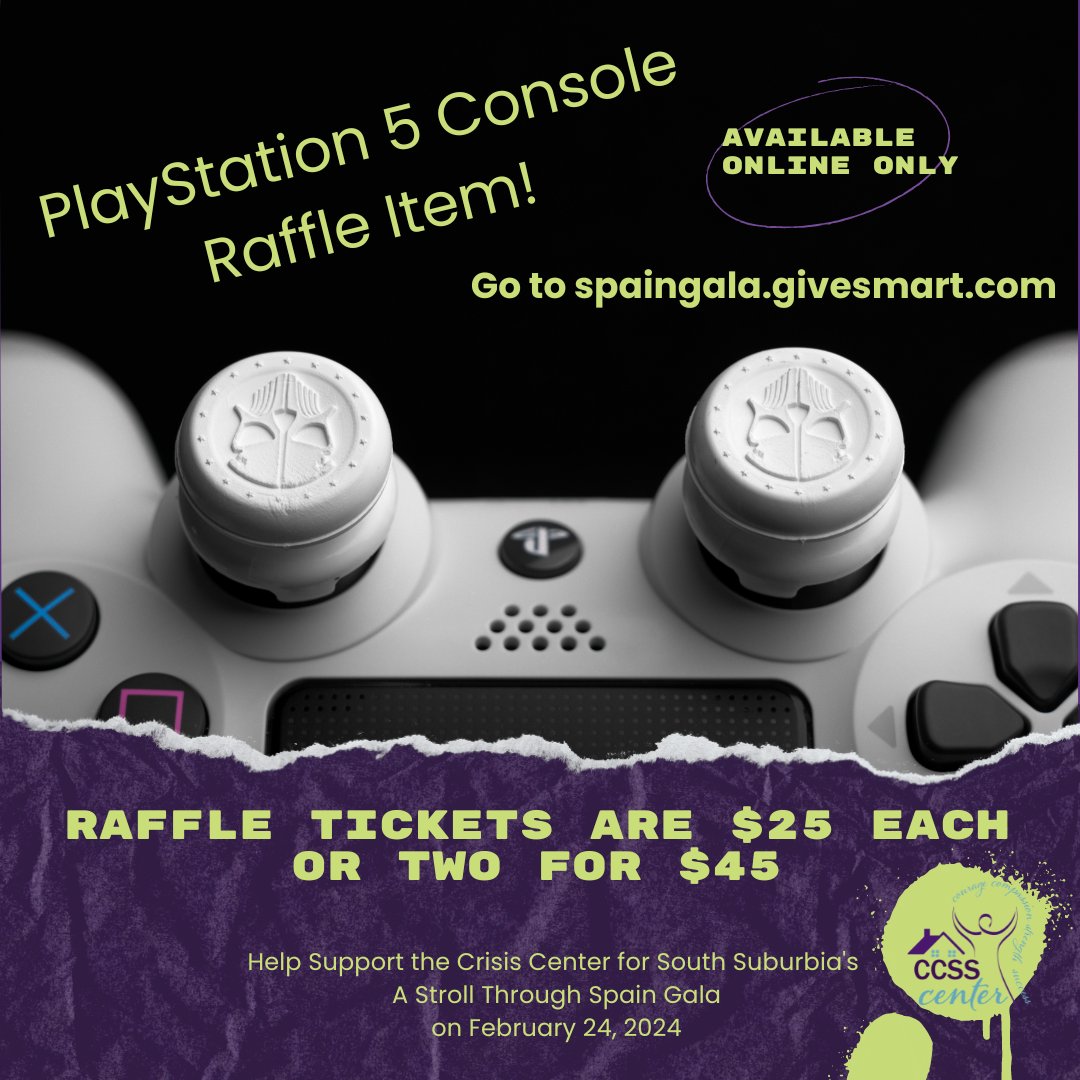 CrisisCtr's tweet photo. Chance to win a PlayStation 5 Console!  Help support the Crisis Center for South Suburbia's A Stroll Through Spain Gala.    Raffle tickets are $25 each or two for $45. Raffle tickets are available at https://t.co/sxI0OOfvtc.  #CCSSDonation2024 #CCSSGala2024 https://t.co/dVOfkRAyxu