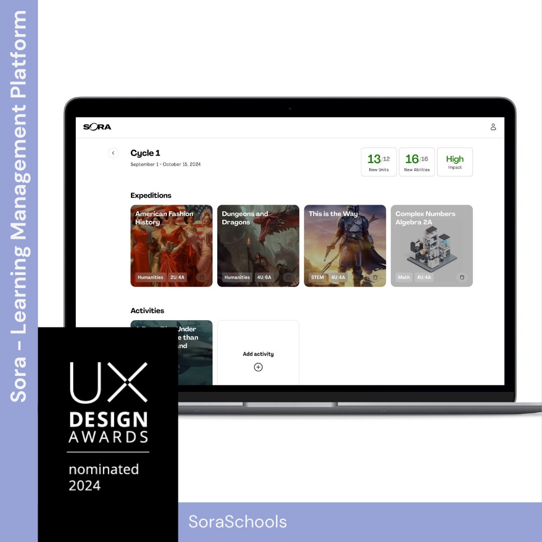 uxdawards's tweet image. “Sora - Learning Management Platform“ developed by @soraschools is nominated for the #UXDA24! Congratulations 👏

The project is running for the Public Choice Award – cast your vote 👉bit.ly/490B8Py

#uxdesign #uxdesignawards #UXDA24 #uxawards #uxcompetition