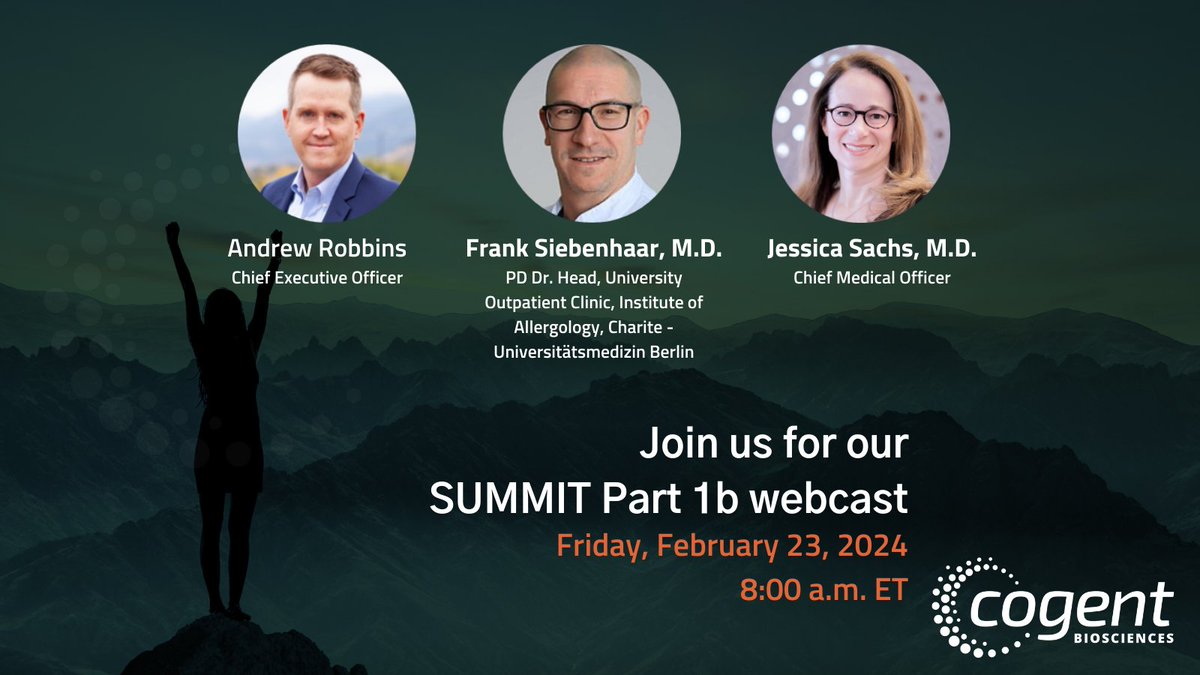 We’re at #AAAAI24 this weekend presenting data from SUMMIT Part 1b with bezuclastinib in #NonAdvSM. Tune in to our webcast today, Friday, February 23 at 8:00am ET, to hear the Cogent team and Dr. Frank Siebenhaar review the data. Register and listen here edge.media-server.com/mmc/p/ypffzbp8