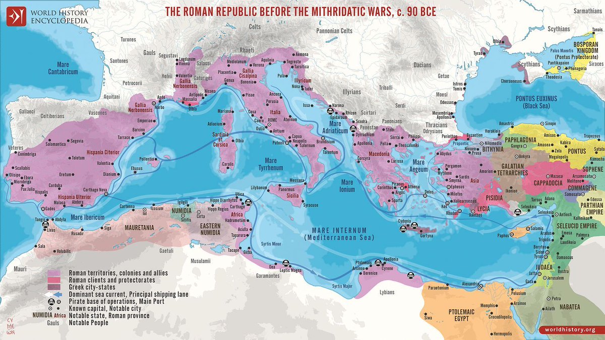 whencyclopedia's tweet photo. A map illustrating the geopolitical landscape in the Mediterranean on the eve of the Mithridatic Wars (88 - 63 BCE). #History #RomanRepublic #Mediterranean #Mithridates https://t.co/SWD66Di9ep