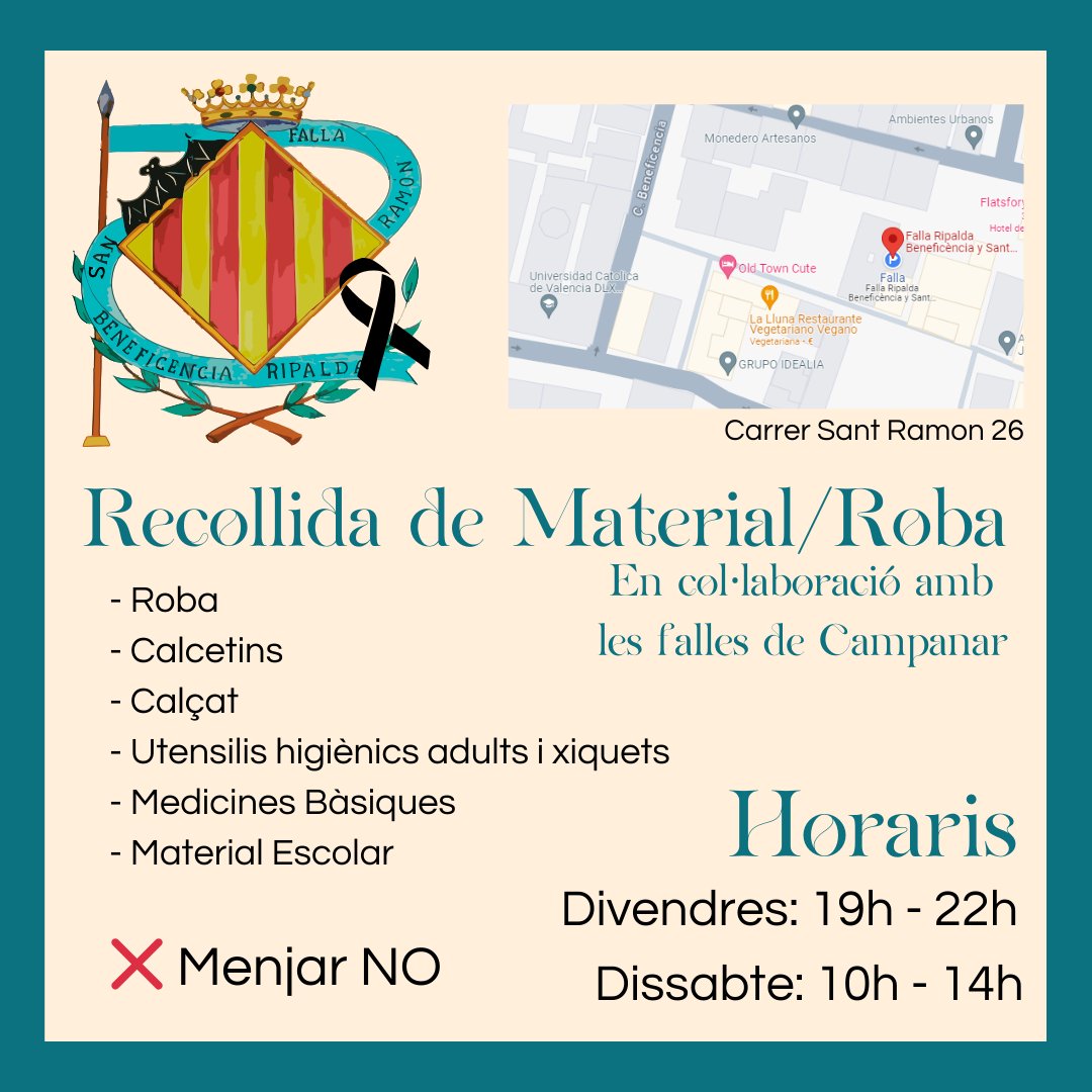 Recollida de Material/Roba en col·laboració amb les falles de Campanar

Es necessita:
- Roba
- Calcetins 
- Calçat
- Utensilis higiènics adults i xiquets
- Medicines Bàsiques
- Material Escolar 

❌ Menjar NO

Horaris:
Divendres: 19h - 22h
Dissabte: 10h - 14h