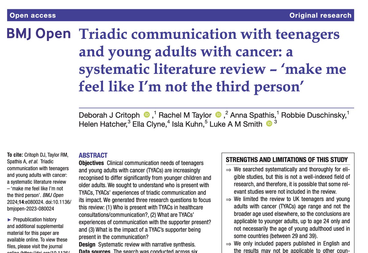 **New Publication** TYAC/Communication PhD Study One Please share widely - with thanks. Triadic communication with teenagers and young adults with cancer: a systematic literature review - 'make me feel like I'm not the third person' bmjopen.bmj.com/content/14/2/e…