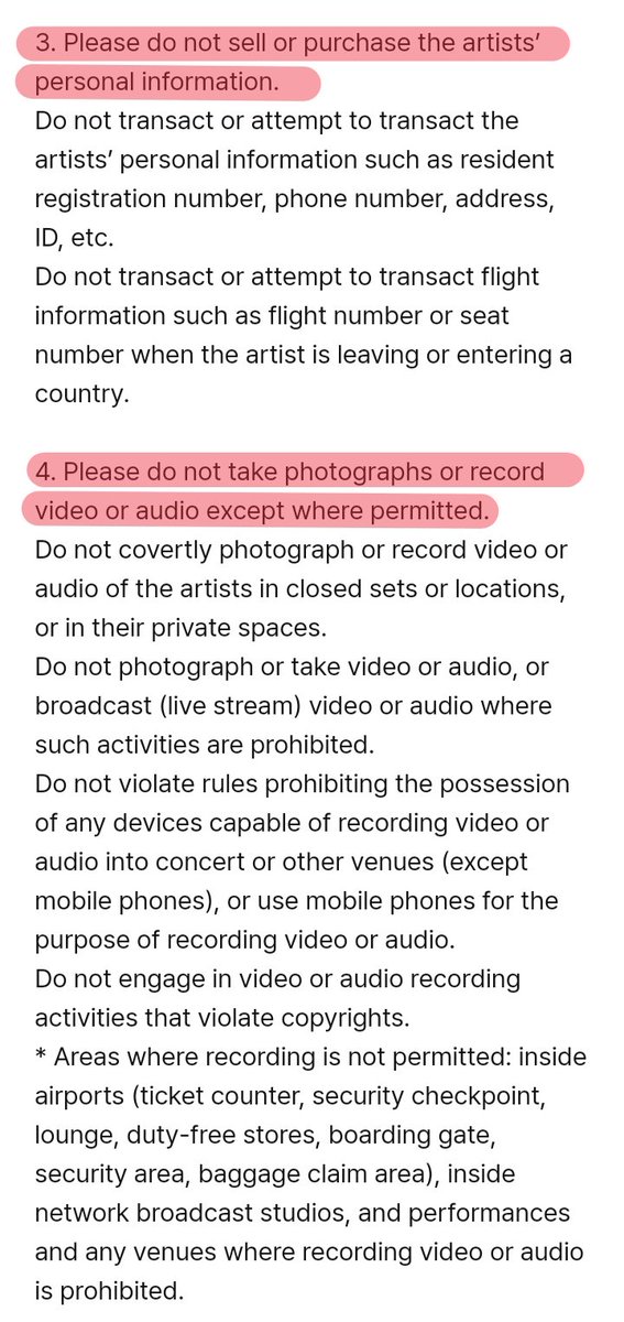 WorldwideCarats's tweet photo. [ADMIN] 
We are URGING EVERYONE to please REVISIT, RE-READ, and UNDERSTAND the FAN ETIQUETTE RULES that Pledis has released last 2022. 

Fan Etiquette Rules - SUMMARY

1. DO NOT VISIT unofficial engagement venues or private spaces (practice areas, living areas/nearby areas, hotels, airport, anywhere that they are currently visiting outside their official schedule).

2. DO NOT STALK the artists. Waiting for them outside when they are clearly off-schedule and wanting to interact with them is considered stalking.

3. DO NOT SELL OR PURCHASE the artists' personal information (address, phone numbers, ID, flight details, hotel details, etc.)

4. DO NOT TAKE PHOTOS, VIDEOS NOR AUDIOS except where permitted. Fans shouldn't record/photograph the members outside their official schedules.

5. DO NOT INTERFERE with artist-related activities. Do not block their way, their car, nor mob them anywhere.

6. DO NOT ENGAGE in other inappropriate actions that may threaten the artists physically and mentally, nor do things that may put the fandom and artists in bad light.
—

Please always put all of the members' safety and comfort above our wants & desires as fans. Let's remember that the boys are still human that needs their own space and personal time respected, especially by the fans who claim to love them.

We sincerely hope that Carats will respect #SEVENTEEN and remember their LIMITATIONS as FANS. Thank you for understanding.

(To read more 👇🏻)
🔗 https://t.co/NpsQSUDjQn

#세븐틴 #セブチ @pledis_17 @pledis_17jp