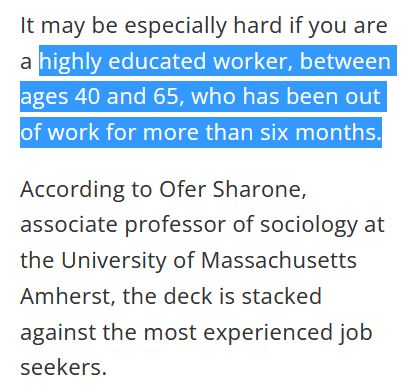 Some reasons why takes longer #unemployed to find new #job: #AgeDiscrimination, #OverQualified, #NUNA @WhiteHouse. (thread)

Q&A: Older and #unemployed?
aol.com/finance/q-olde…