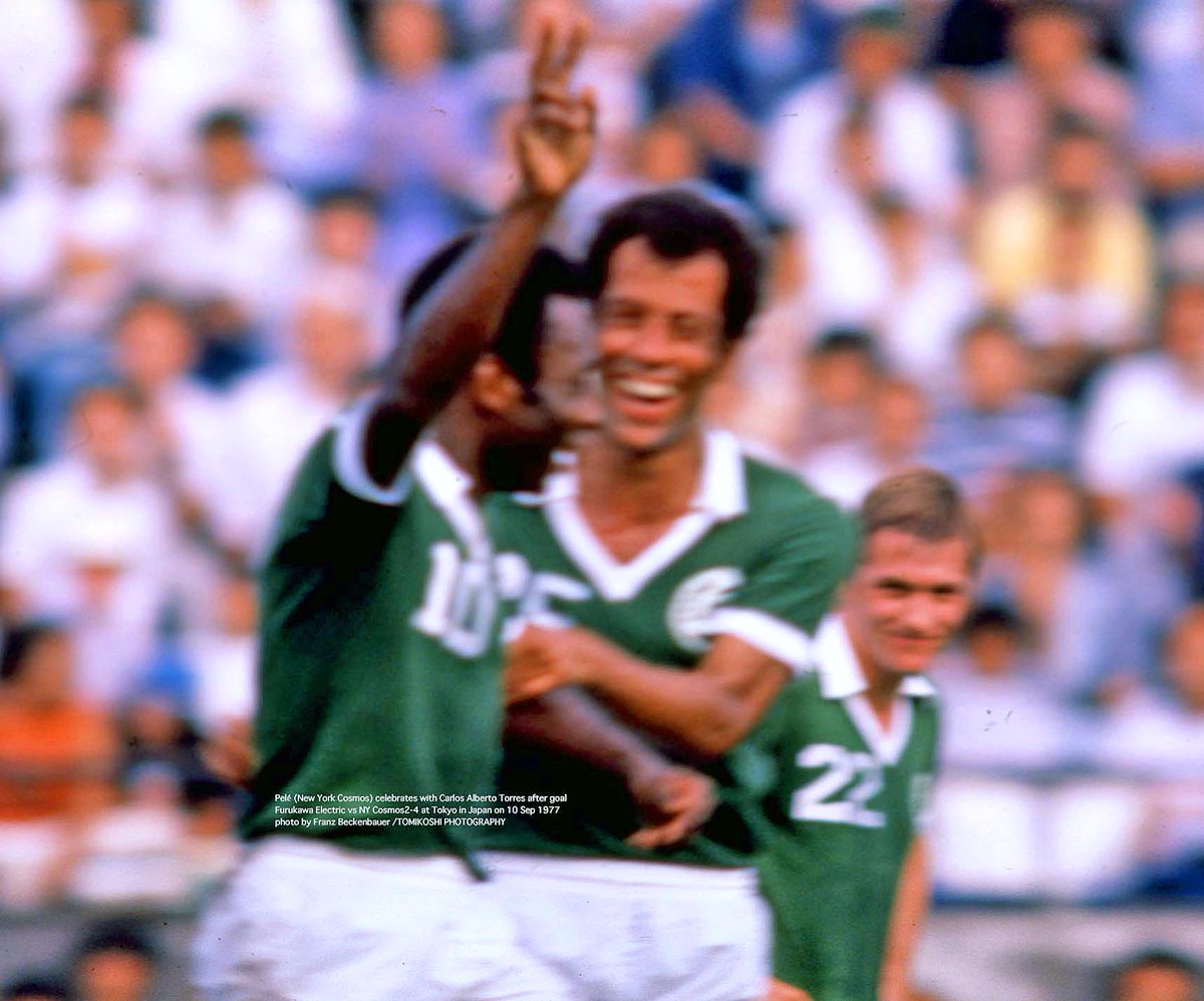 Pelé (New York Cosmos) celebrates with Carlos Alberto Torres after goal
Furukawa Electric vs NY Cosmos2-4 at Tokyo in Japan on 10 Sep 1977
photo by Franz Beckenbauer /TOMIKOSHI PHOTOGRAPHY